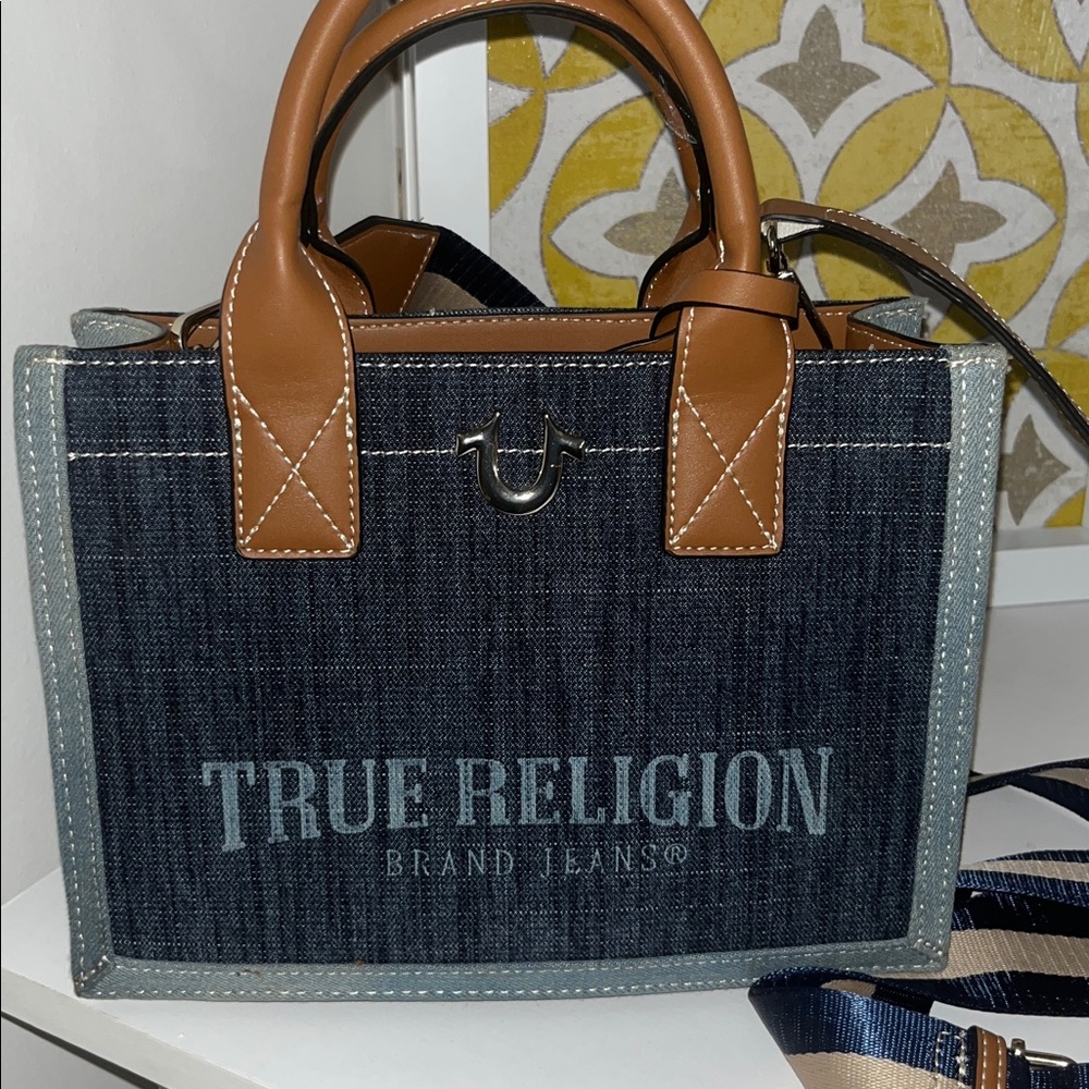 True Religion Blue Denim and Tan Leather Tote